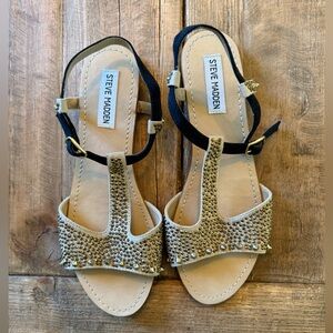 Steve Madden Studded T-Strap Flat Sandals in Beige and Black 8